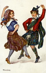 Par danser i tradisjonell skotsk drakt. Kromolitografi av Florence Hardy