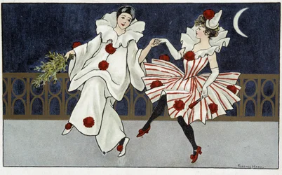 Pjerrot og Colombine danser i måneskinnet - dess. av Florence Hardy, deb. Det 20. århundre