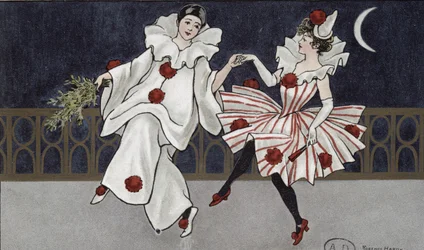 Postkort som viser Pierrot og hans følgesvenn, ca. 1900