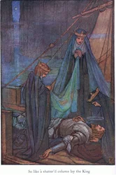 Så som en knust søyle lå kongen (Morte D#39;Arthur) (fargelitografi)