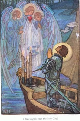 Tre engler bærer den hellige gral (Sir Galahad) (fargelitografi)