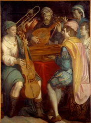 Konsert Lutemusikere, epinett, trombone og viola de gamba. Anonymt maleri av den florentinske skolen 1550-1600. Søn 1,8x1,3 m