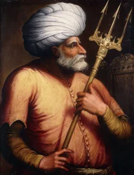 Portrett av Khair el-Din Barbarossa, halvlang, med en Trident, ca. 1580
