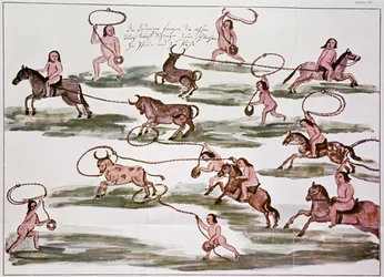 Den indiske Mocovi-metoden for jakt, illustrasjon fra 'Hacia alla y para aca' (farge litho)
