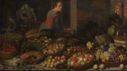 Stilleben med frukt og grønnsaker, med Kristus ved Emmaus i bakgrunnen