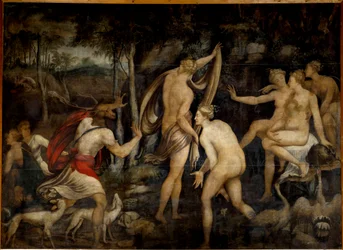 Diane (Artemis), jaktens gudinne, og Acteon, jegermaleri fra School of Fontainebleau (1500-tallet). Mål 2,65 x 3,67 m