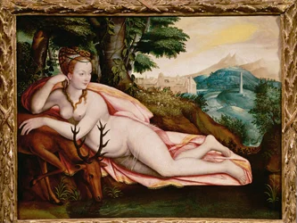 Diane de Poitiers, elskerinne til Henri II, konge av Frankrike, som gudinne Diana (maleri på lerret)