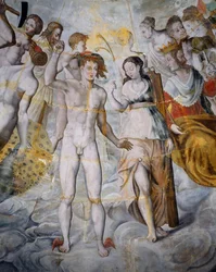 Merkur, budbringer av guder og psyke, Janus til høyre, fresker i det forgylte tårnet i Ligue, Fontainebleau-skolen, Tanlay-slottet (1500-1600-tallet), Burgund, Frankrike