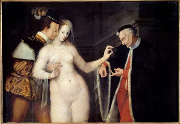 Kvinnen mellom to aldre Scene som representerer en prostituert kurtisert av to menn i ulik alder. Maleri av School of Fontainebleau. 1588 Rennes, Museum of Fine Arts