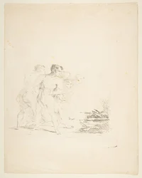 Menn spytter på en brann, ca. 1820-1850.
