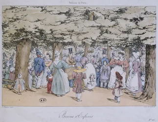 Barn og barnepiker i parken, fra Tableau de Paris-serien, gravert av C. Motte, 1827