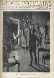 En mann overrasker en inntrenger hjemme midt på natten. Illustrasjon av F. Meaulle etter B. Borione for "" Hvem vet? "" av Guy de Maupassant (1850-1893). Gravering fra 1890 i "La vie populaire". Privat samling