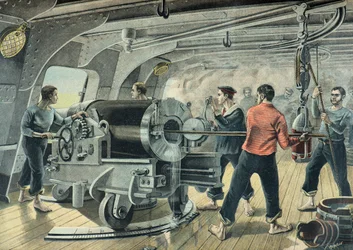 Et marinebatteri bomber Santiago de Cuba, den spansk-amerikanske krigen i 1898 (gravering)