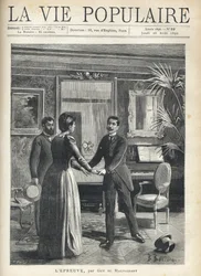 In a bourgeois living room, a man rises precipitation towards the mistress of the house and grabs her hands, dropping his hat on the floor, under the astonishing gaze of another man. Illustration by Bernard Borione (1865-20th century), for the test by Guy 