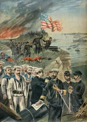 Landgang av amerikanske tropper på Guantanamo, spansk-amerikansk krig i 1898 (gravering)