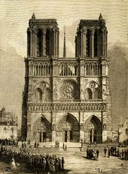 Notre Dame de Paris (Notre-Dame) i 1482: vestfasade og parvis. Gravering av F. Meaulle, basert på en tegning av Viollet le Duc (Viollet-le-Duc) som illustrerer den navngitte romanen av Victor Hugo, utgave av Ollendorff begynnelsen av 1900-tallet. Nederst t