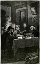 Victor Hugo «Les Misérables» Illustrasjon av Lix gravert av Meaulle: Forcat og Eveque. Jean Valjean, som eveque Myriel tilbød sykehuset, vil overgi sin siste flytur: sølvtøyet til verten sin. På bordet, de to sølvlysestakene