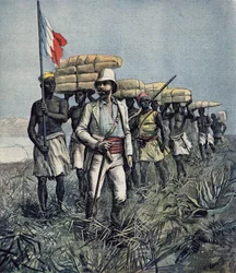 Løytnant Mizon (1853-99) på sin utforskningsekspedisjon i 1892 i området ved Benue-elven i Nigeria, fra «Le Petit Journal», juli 1892