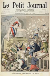 Tittelside som viser et bråk i Deputerthuset, illustrasjon fra det illustrerte tillegget til Le Petit Journal, 10. juli, 1898