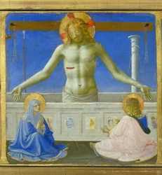 Kristus stående i sin grav (Oppstandelsen) - nedre del (predella) av "Kroningen av Jomfruen", som viser Kristus ved graven og seks episoder fra den hellige Dominikus