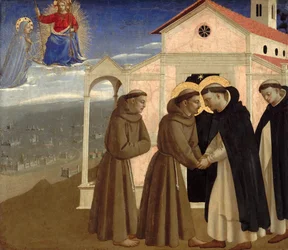 Meeting of Saint Francis and Saint Dominic (Scenes from the life of Saint Francis of Assisi), c.1429 (tempera on panel)   1175324   no       norwegian Successfully Translated  Original: Larder Still life Translat: Larder Still life 1396349 no norwegian Suc