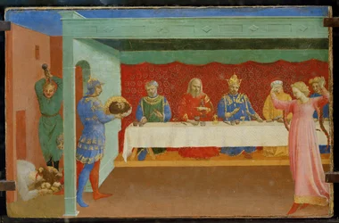 Predella av et altertavle: Halshuggingen av døperen Johannes og Herodes#39; fest, med Salome-dans ...