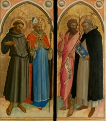 Sankt Frans og en biskopshelgen, døperen Johannes og Sankt Dominik, sent på 1420-tallet (tempera og bladgull på panel)