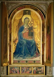 Sankt Maria og barnet, omgitt av engler som spiller musikk. På predellaen: prekenen til Sankt Peter, Tilbedelse av de vise menn (maleri på tre).