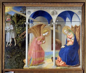 Bebudelsen (i bakgrunnen ble Adam og Eva utvist fra paradiset), ca. 1445 (tempera og gull på panel)