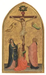 Korsfestelsen med Jomfru Maria, døperen Johannes og Magdalena (tempera på gullfarget bunnpanel)