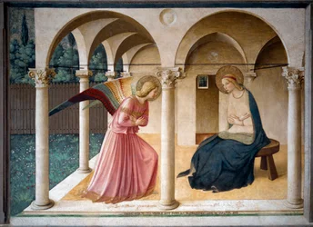 Kunngjøring. Fresco av Guido di Pietro (eller Fra Giovanni da Fiesole) kjent som Fra Angelico eller il Beato (1400-1455). 1442 230 cm x 321 cm San Marco-museet, Firenze.