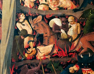 Helvete med demoner som straffer grådige, detalj fra Last Judgment av Giovanni da Fiesole kjent som Fra Angelico (1400-cirka 1455), tempera på tre