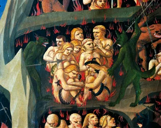 Helvete med demoner som straffer doven, detalj fra Last Judgment av Giovanni da Fiesole, kjent som Fra Angelico (1400-cirka 1455), tempera på tre