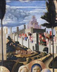 Landskap med utsikt over Jerusalem og Salomos tempel. Detalj av Kristi avsetning eller den hellige treenighets altertavle (tempera på tre