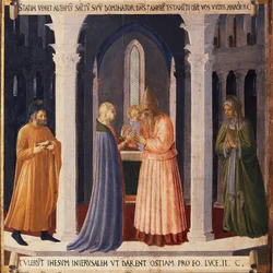 Kristi liv: presentasjonen av Jesus ved tempelet, Armadio degli Argenti. (Tempera på tre
