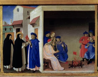 Predella til Jomfru Marias kroning: mirakelet med boken som kastes på ilden foran albigenserne. Den hellige Dominikus tilbakeviser det katarske kjetteriet. Louvre, Paris