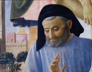 Antatt portrett av arkitekten Michelozzo Michelozzi. Detalj av avsetning av Kristus eller den hellige treenighets altertavle (Tempera på tre