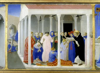 Sankt Dominikus (1170-1221) vekker Napoleone Orsini til live, den nedre delen (predellaen) av «Jomfruens kroning», som fremstiller Kristus ved graven og seks episoder fra Sankt Dominikus