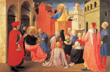 St. Peter forkynner evangeliet til St. Markus, detalj fra predella fra Tabernaklet av lindraper