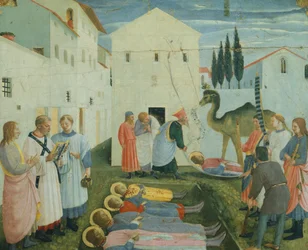 The Burial of Saints Cosmas and Damian, predella-bilder som skildrer historien om Saint Cosmas og Saint Damian fra San Marco altertavle, ca. 1443 (tempera på tre)