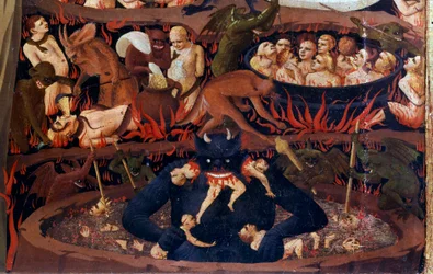 The Last Judgment: detalj av underverdenen. Forbannelser i de helvetes kretser, tortur av demoner. Detalj av en detrempe på tre av Guido di Pietro (eller Fra Giovanni da Fiesole) dit Fra Angelico eller il Beato (1387-1455)