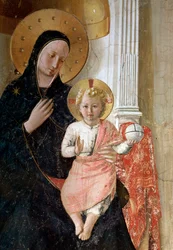Skyggenes Madonna. Detalj: Jesu Kristi glorie er markert med et kors, freske, ca. 1438-1446.