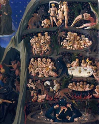 Den endelige dommen: helvete. Jentenes sjeler utsatt for tortur i helvetes sirkler. Djevelen i underetasjen har en av dem. Maleri av Guido di Pietro (eller Fra Giovanni da Fiesole) dit Fra Angelico ou il Beato (1400-1455)