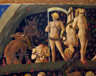 Den siste dommen: forbannelsene jevnet av demoner til underverdenen. Maleri av Guido di Pietro (eller Fra Giovanni da Fiesole) dit Fra Angelico ou il Beato (1400-1455)