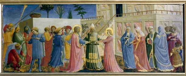 Bryllupet til Jomfru Predelle. Maleri på tre av Guido di Pietro (eller Fra Giovanni da Fiesole) dit Fra Angelico ou il Beato (1400-1455)