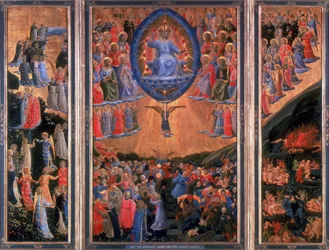 Den siste dommen'. Himmel, venstre, helvete, høyre. Kristus sitter i dommen i sentralpanelet. Fra Angelico (1400-1455) florentinsk maler. Triptykon. Tempera om bord. Staatliche Museum, Berlin.