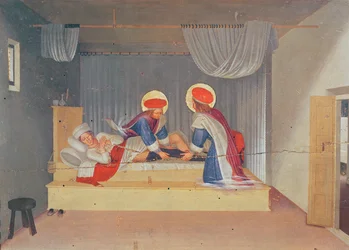 Altertavle, Jomfruen med barnet omgitt av engler og åtte helgener. Predellaen: de hellige Kosmas og Damian transplanterer benet fra en svart mann til en diakon ved navn Justinian