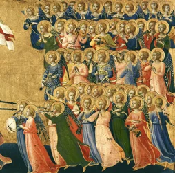 Christ Glorified in the Court of Heaven, detalj av musikalske engler fra høyre side, 1419-35 (tempera på panel) (detalj av 4052)