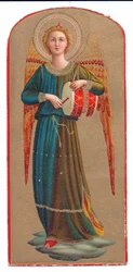 Fargelitotrykk fra angelico engel som spiller tromme, ca. 1910