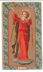 Fargetrykk fra angelico engel som spiller trompet, ca. 1910